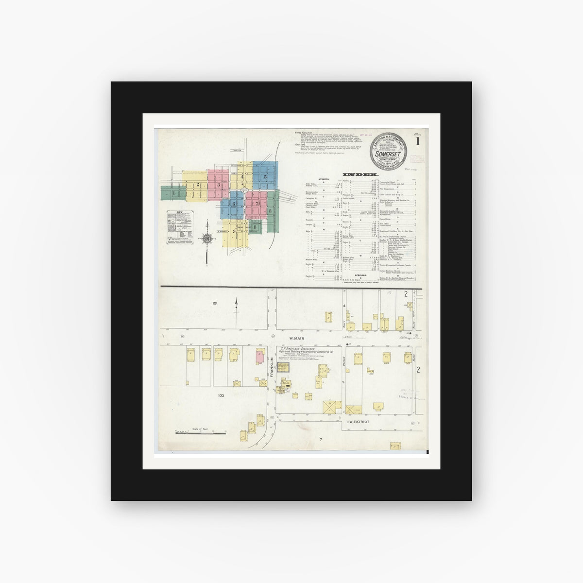 Old map wall art mockup — black gallery frame with white mat — Sanborn Fire Insurance Map from Somerset, Somerset County, Pennsylvania (1910) - Complete Map Set