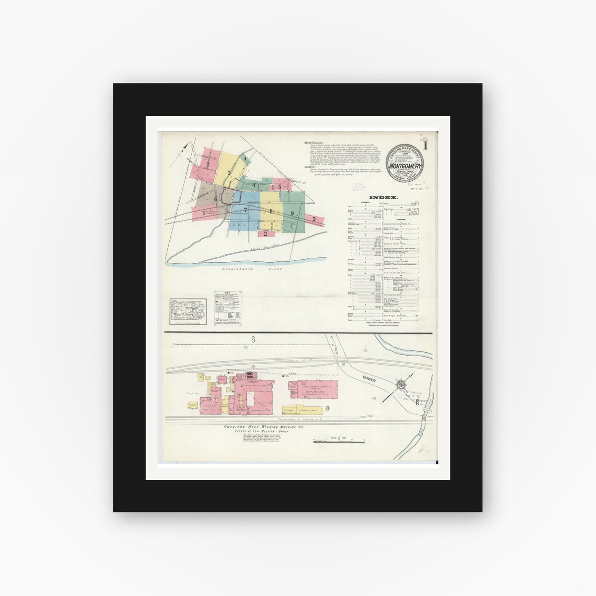 Old map wall art mockup — black gallery frame with white mat — Sanborn Fire Insurance Map from Montgomery, Lycoming County, Pennsylvania (1912), Sheet #0001