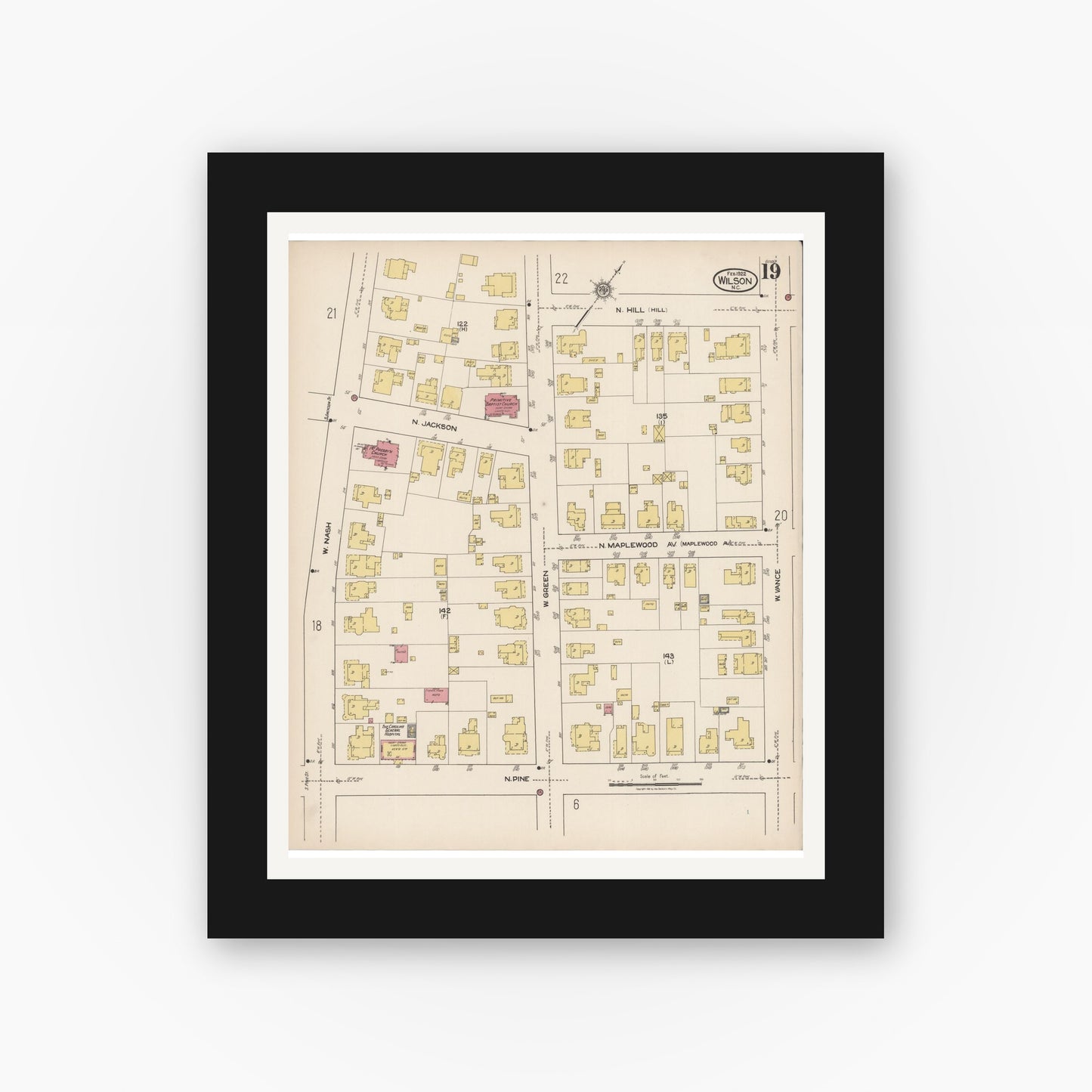 Old map wall art mockup — black gallery frame with white mat — Sanborn Fire Insurance Map from Wilson, Wilson County, North Carolina (1922), Sheet #0019