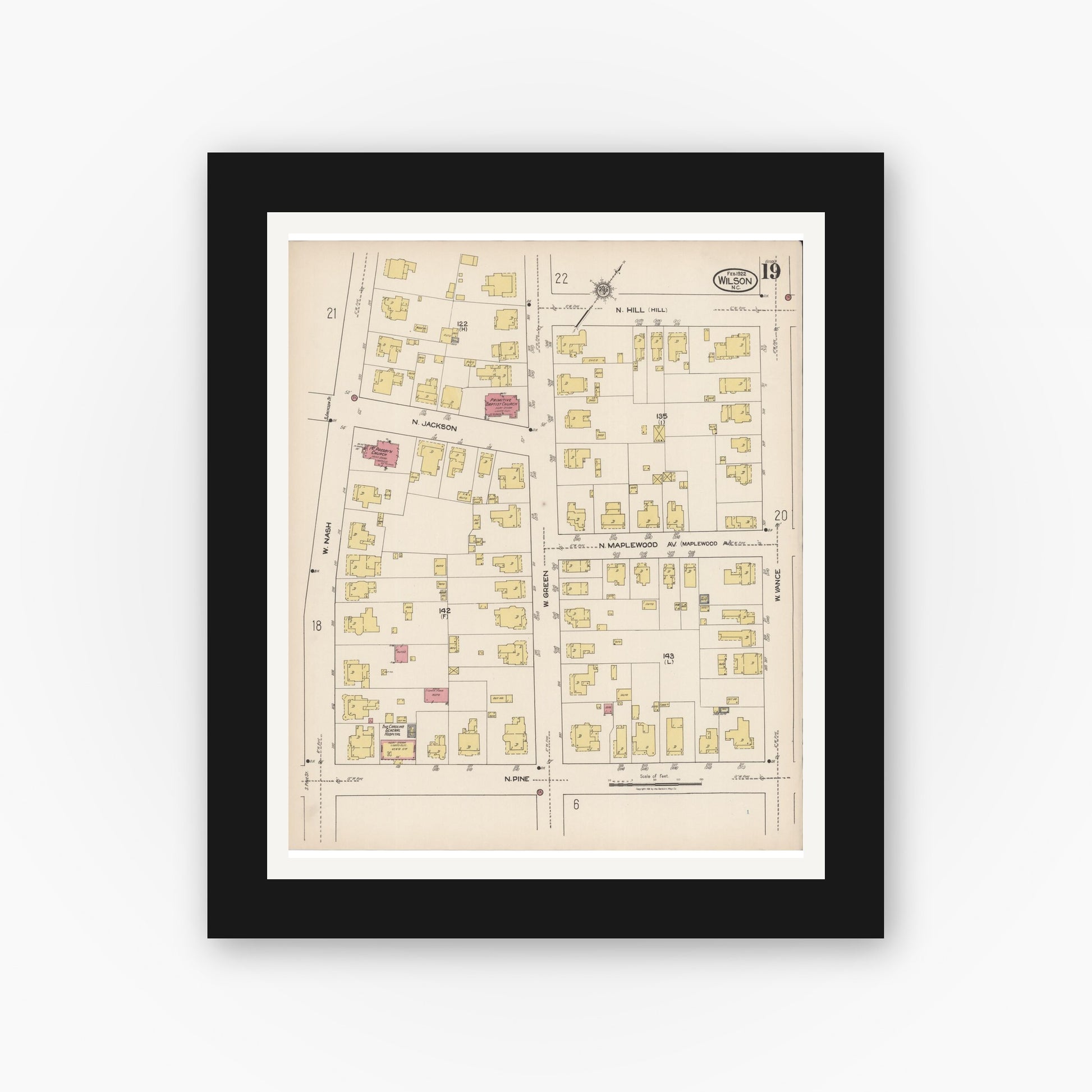 Old map wall art mockup — black gallery frame with white mat — Sanborn Fire Insurance Map from Wilson, Wilson County, North Carolina (1922), Sheet #0019