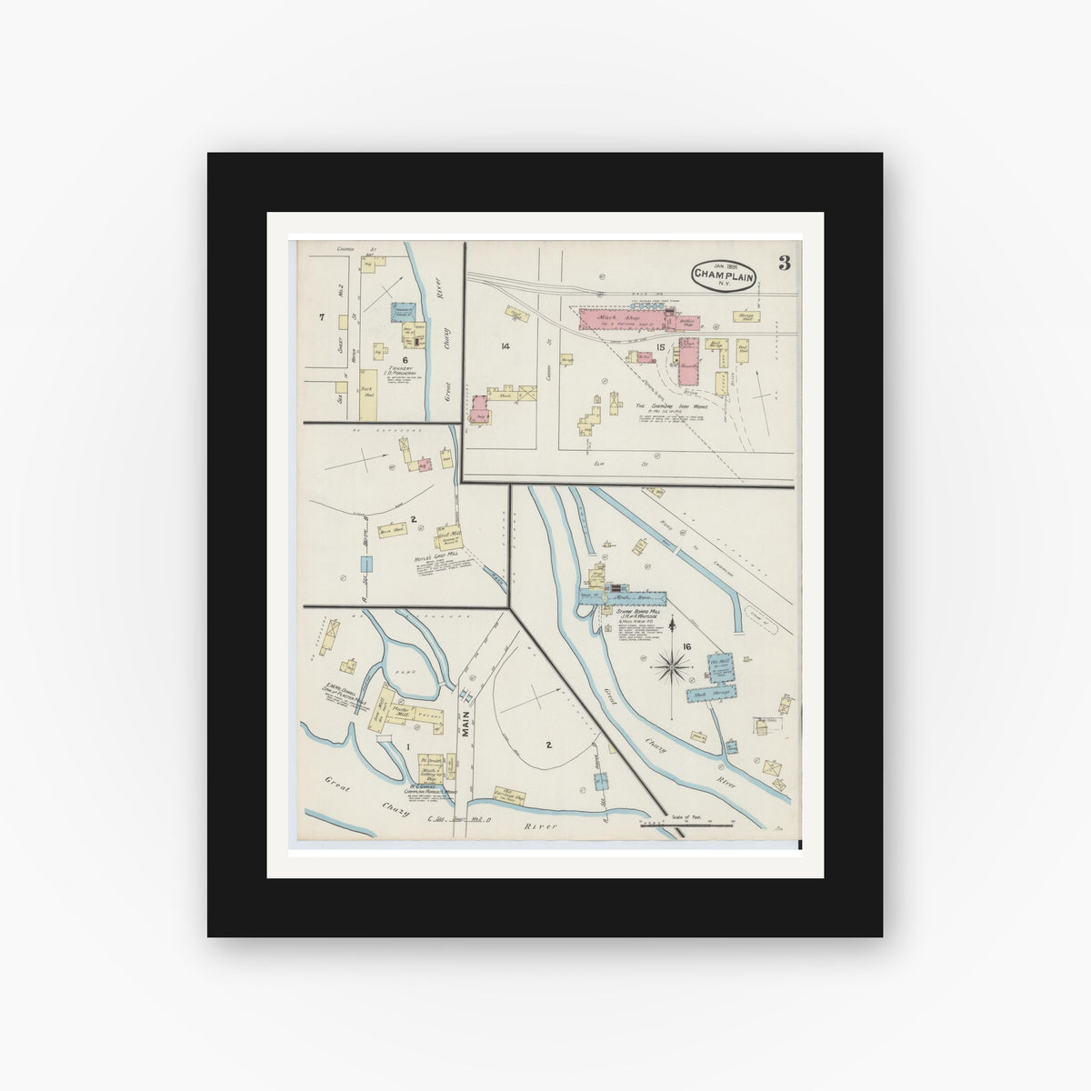 Old map wall art mockup — black gallery frame with white mat — Sanborn Fire Insurance Map from Champlain, Clinton County, New York (1891), Sheet #0003