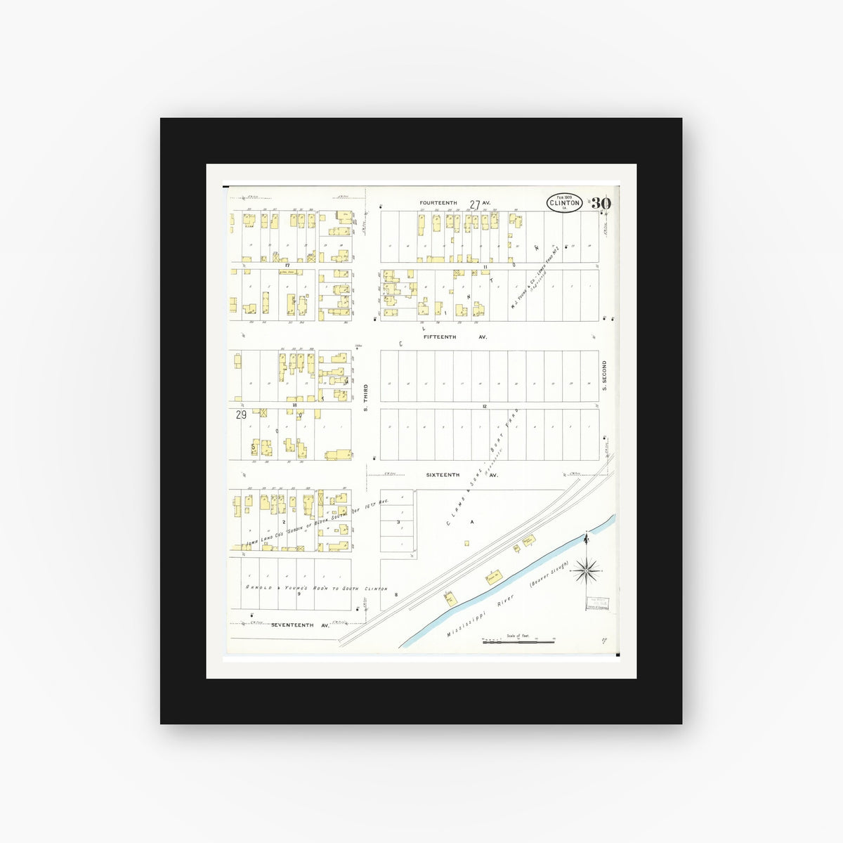 Old map wall art mockup — black gallery frame with white mat — Sanborn Fire Insurance Map from Clinton, Clinton County, Iowa (1909), Sheet #0030