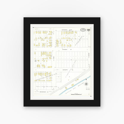 Old map wall art mockup — black gallery frame with white mat — Sanborn Fire Insurance Map from Clinton, Clinton County, Iowa (1909), Sheet #0030