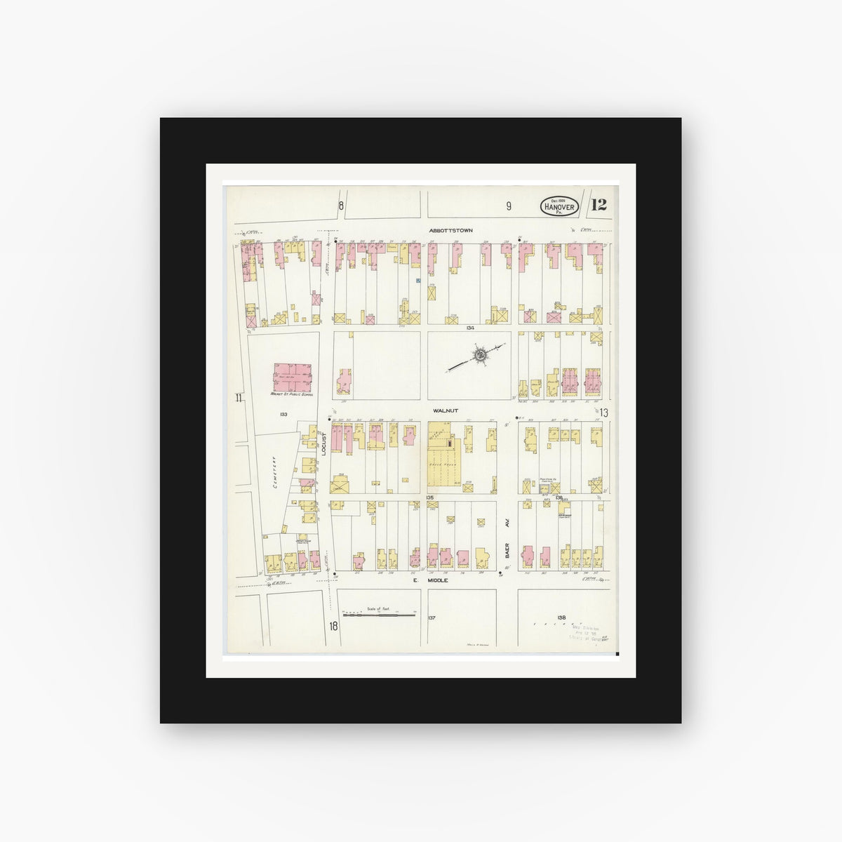 Old map wall art mockup — black gallery frame with white mat — Sanborn Fire Insurance Map from Hanover, York County, Pennsylvania (1909), Sheet #0012