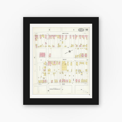 Old map wall art mockup — black gallery frame with white mat — Sanborn Fire Insurance Map from Hanover, York County, Pennsylvania (1909), Sheet #0012
