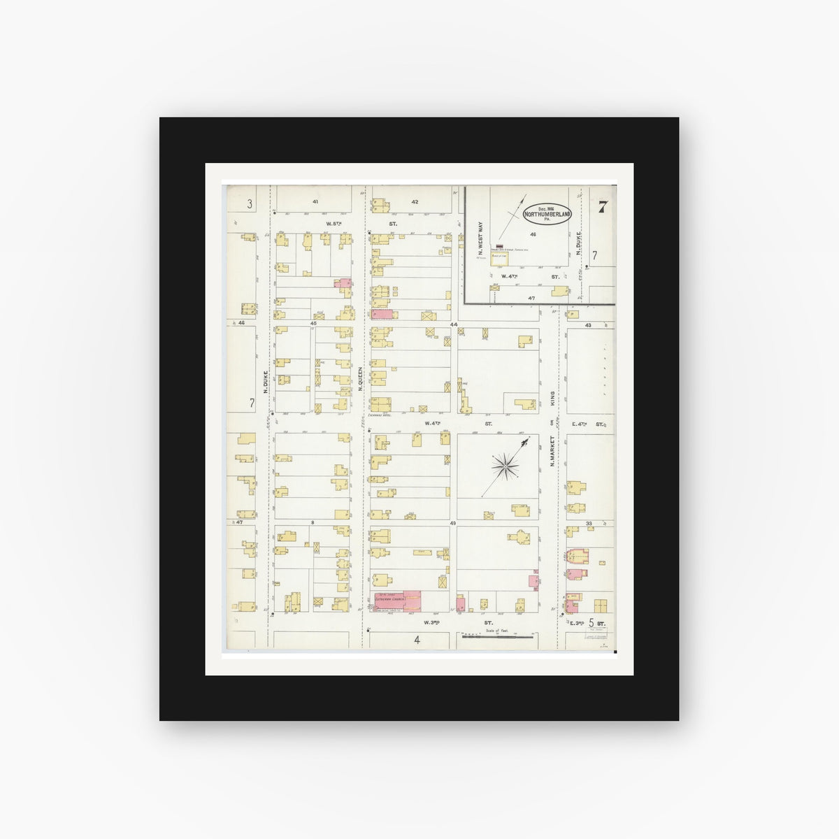 Old map wall art mockup — black gallery frame with white mat — Sanborn Fire Insurance Map from Northumberland, Northumberland County, Pennsylvania (1906), Sheet #0007