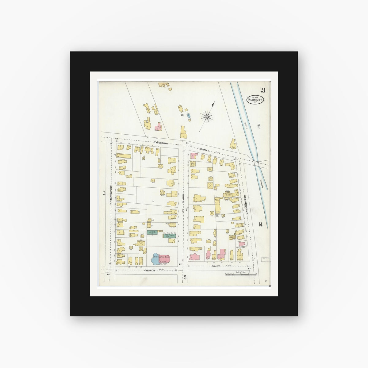 Old map wall art mockup — black gallery frame with white mat — Sanborn Fire Insurance Map from Herkimer, Herkimer County, New York (1906), Sheet #0003
