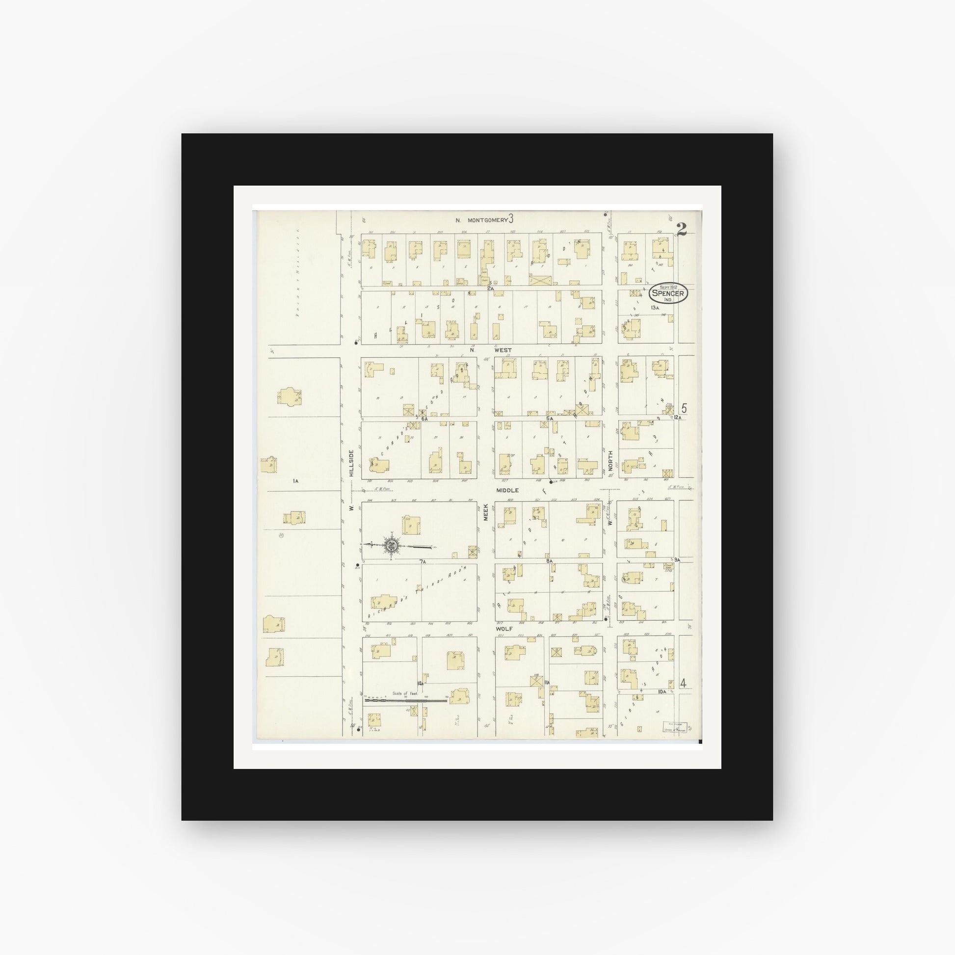 Old map wall art mockup — black gallery frame with white mat — Sanborn Fire Insurance Map from Spencer, Owen County, Indiana (1912), Sheet #0002
