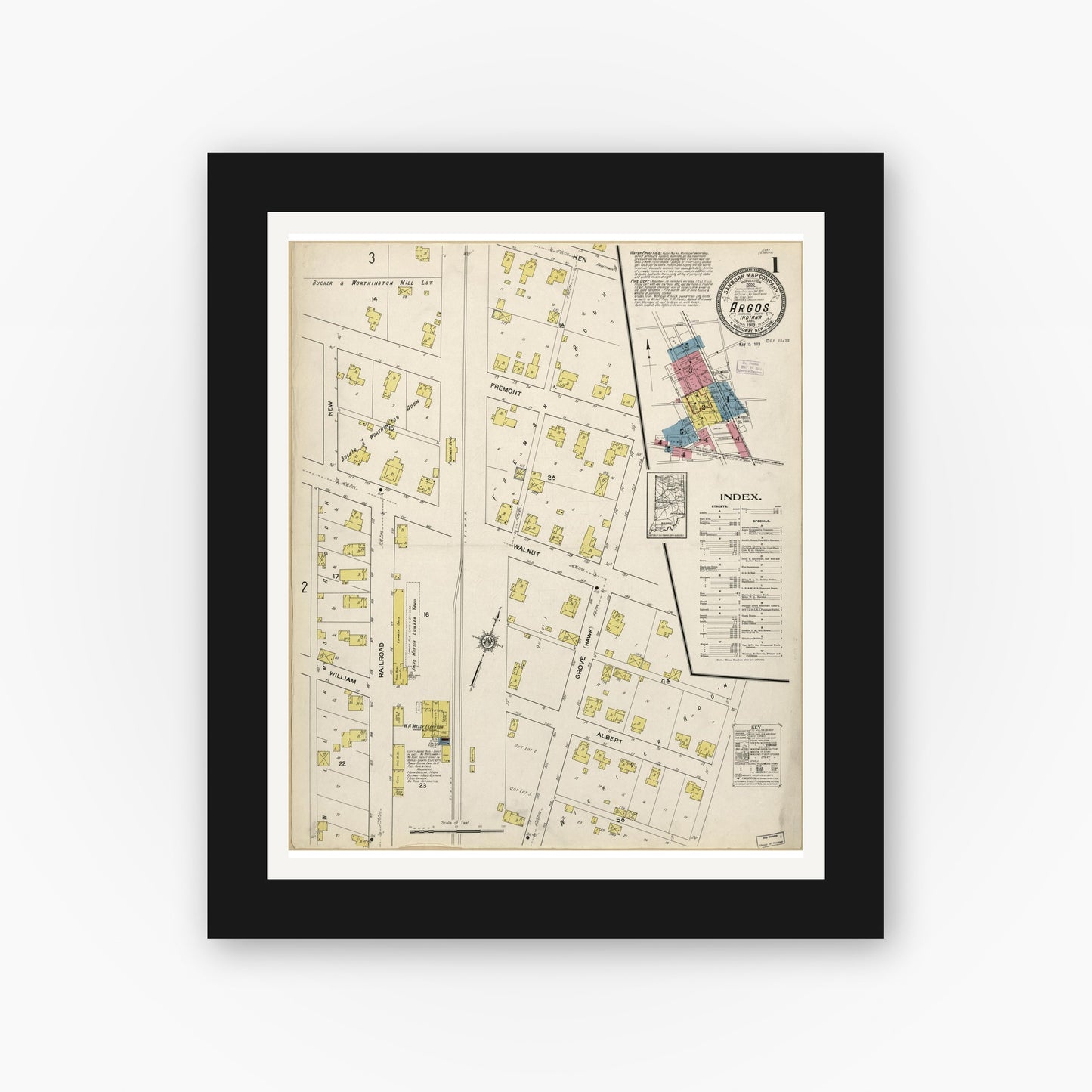 Old map wall art mockup — black gallery frame with white mat — Sanborn Fire Insurance Map from Argos, Marshall County, Indiana (1913), Sheet #0001