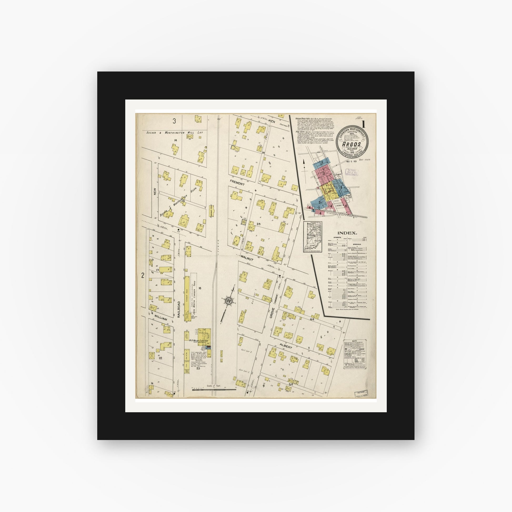 Old map wall art mockup — black gallery frame with white mat — Sanborn Fire Insurance Map from Argos, Marshall County, Indiana (1913), Sheet #0001