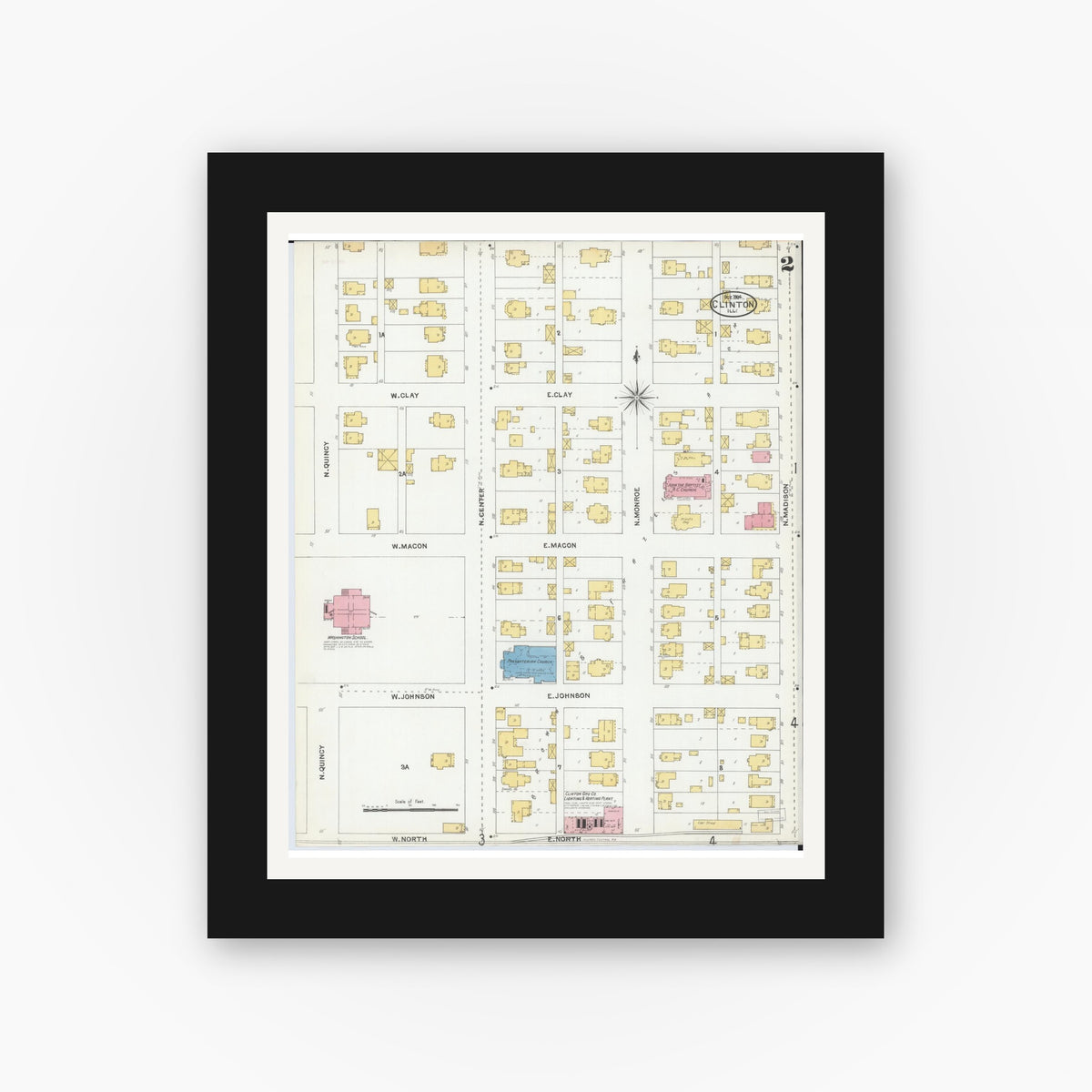 Old map wall art mockup — black gallery frame with white mat — Sanborn Fire Insurance Map from Clinton, De Witt County, Illinois (1904), Sheet #0002