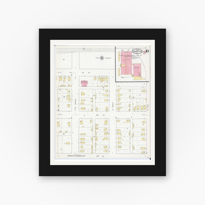 Old map wall art mockup — black gallery frame with white mat — Sanborn Fire Insurance Map from Hoopeston, Vermilion County, Illinois (1913), Sheet #0010