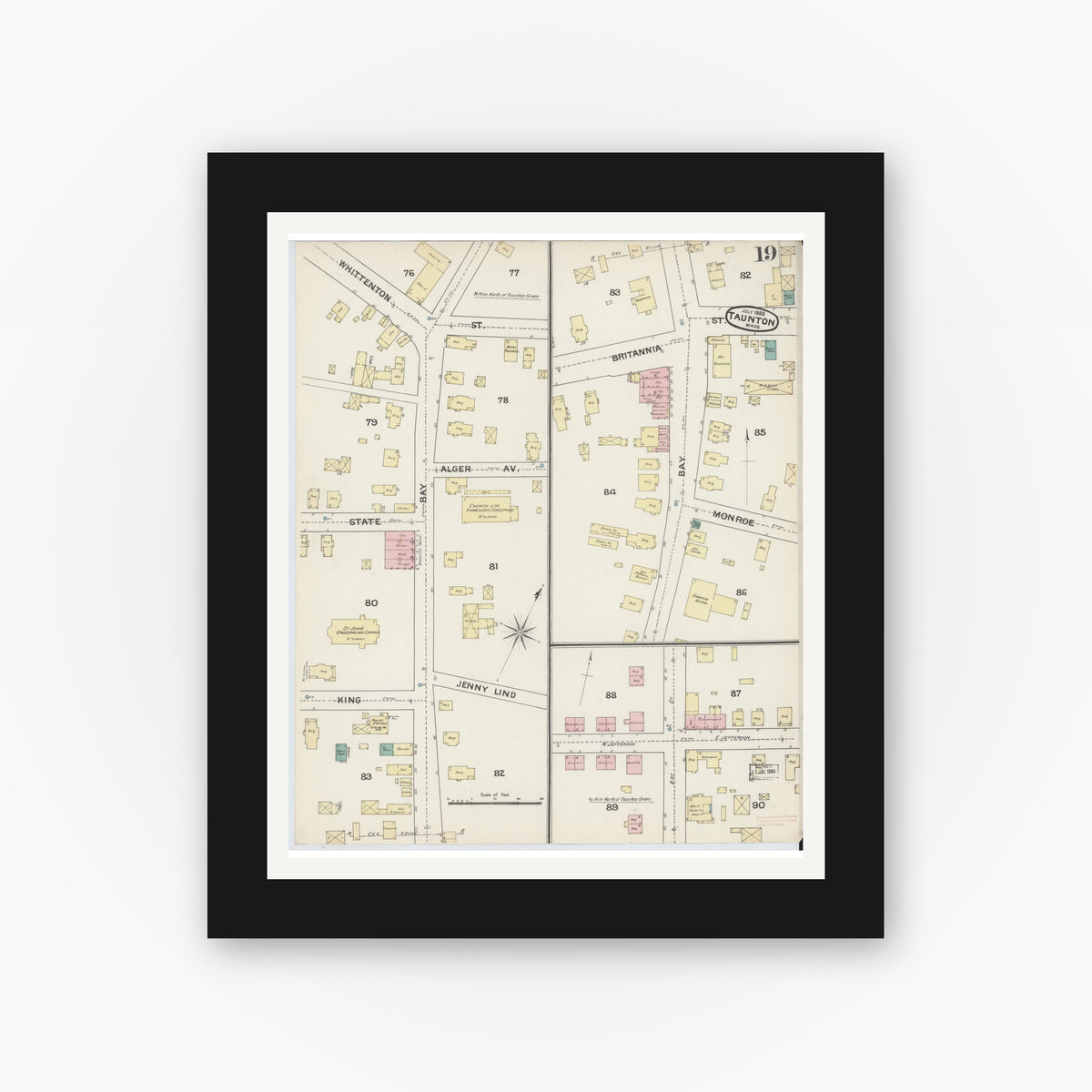 Old map wall art mockup — black gallery frame with white mat — Sanborn Fire Insurance Map from Taunton, Bristol County, Massachusetts (1888), Sheet #0019