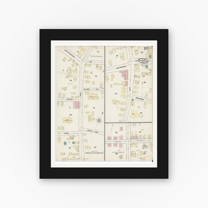 Old map wall art mockup — black gallery frame with white mat — Sanborn Fire Insurance Map from Taunton, Bristol County, Massachusetts (1888), Sheet #0019