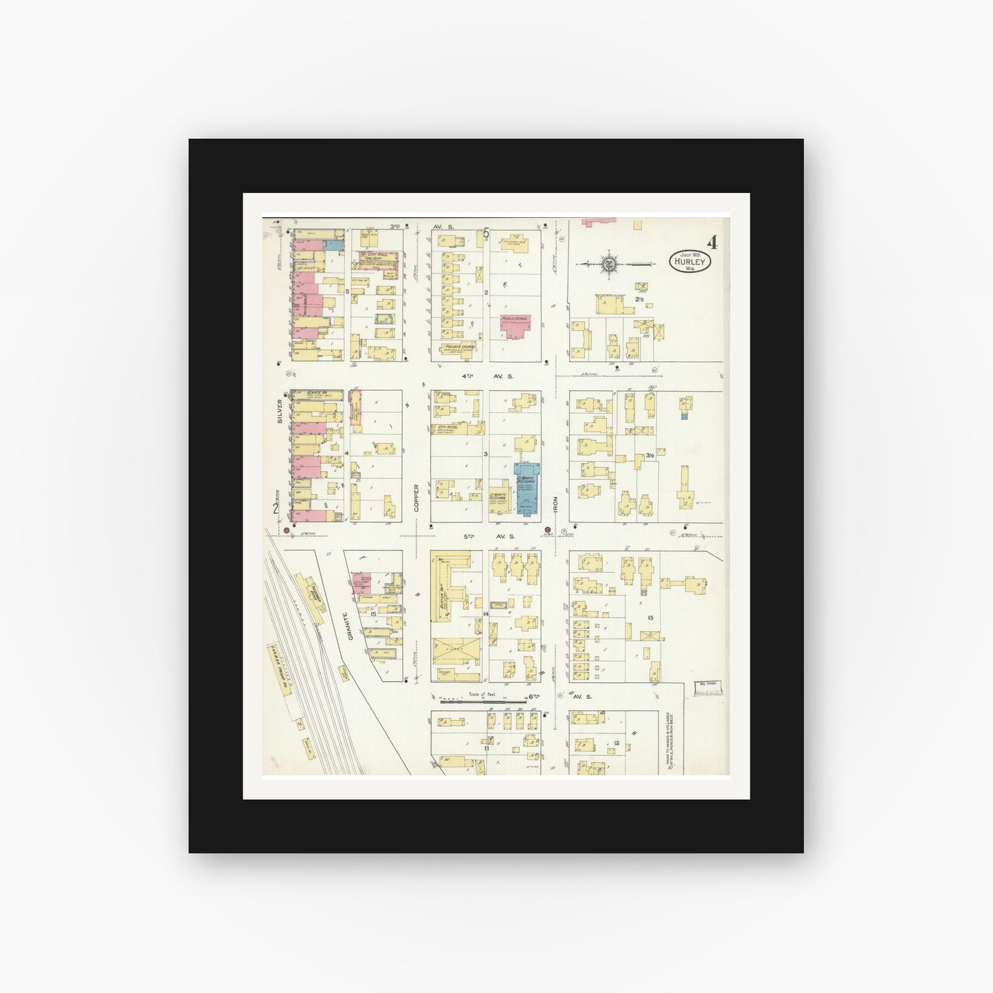 Old map wall art mockup — black gallery frame with white mat — Sanborn Fire Insurance Map from Hurley, Iron County, Wisconsin (1913), Sheet #0004