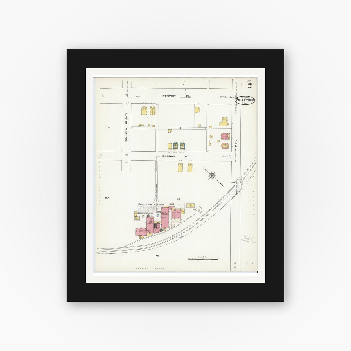 Old map wall art mockup — black gallery frame with white mat — Sanborn Fire Insurance Map from Shippensburg, Cumberland And Franklin Counties, Pennsylvania (1921), Sheet #0002