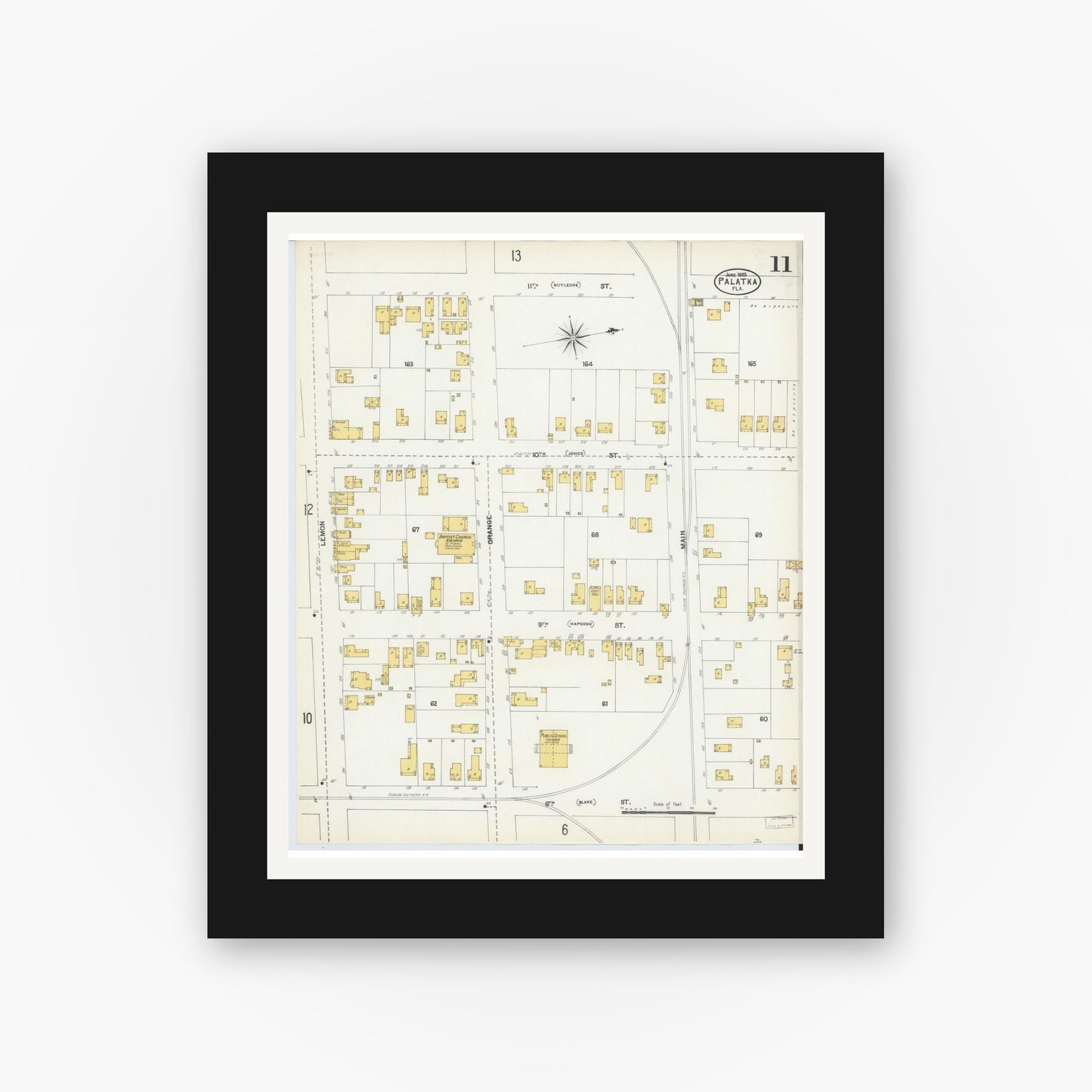 Old map wall art mockup — black gallery frame with white mat — Sanborn Fire Insurance Map from Palatka, Putnam County, Florida (1903), Sheet #0011