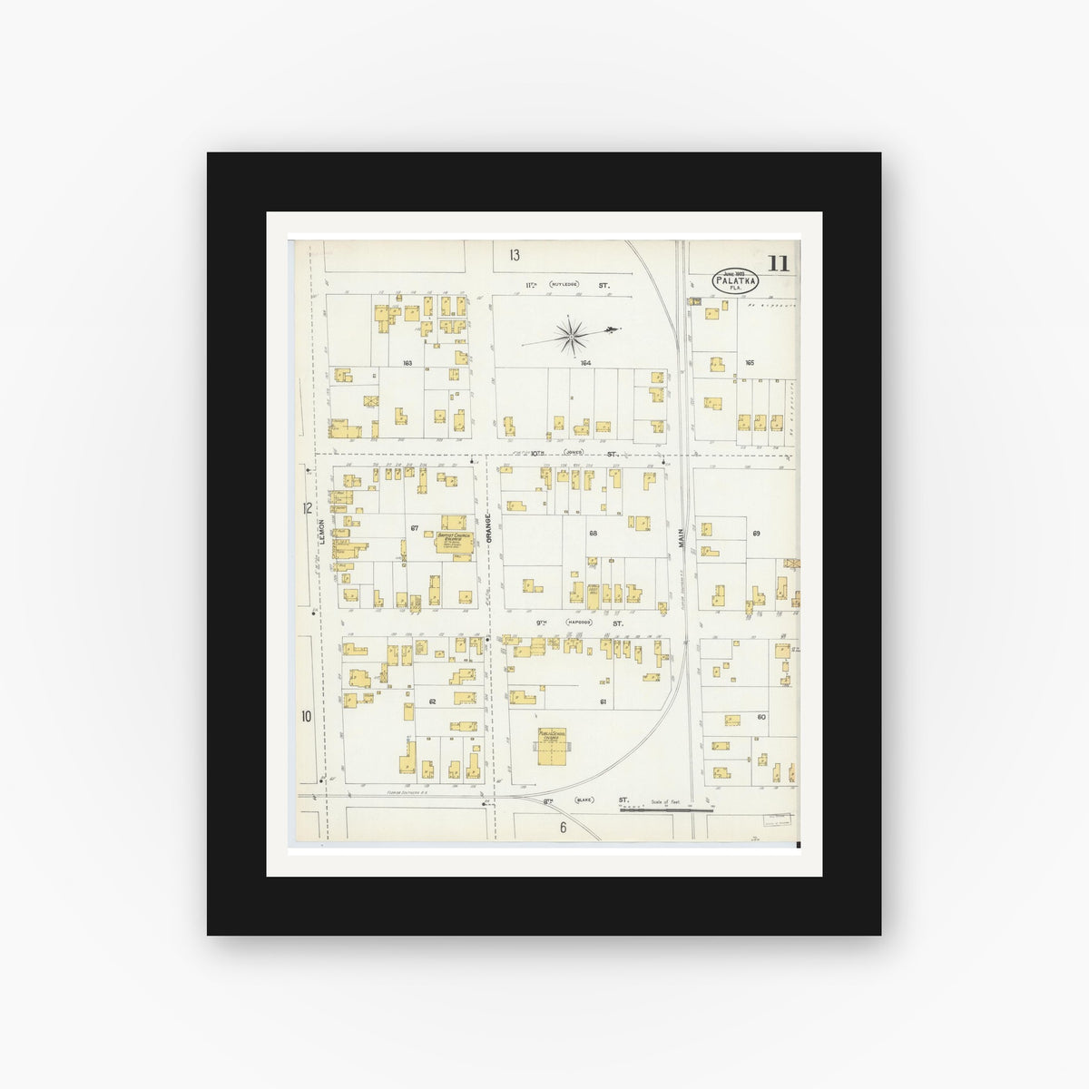 Old map wall art mockup — black gallery frame with white mat — Sanborn Fire Insurance Map from Palatka, Putnam County, Florida (1903), Sheet #0011