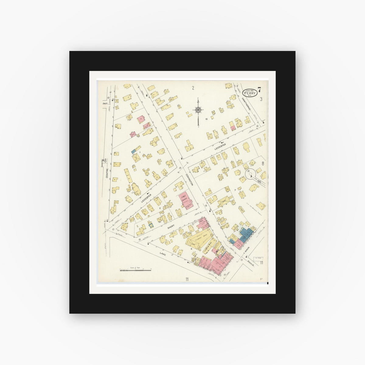 Old map wall art mockup — black gallery frame with white mat — Sanborn Fire Insurance Map from Perry, Wyoming County, New York (1913), Sheet #0007