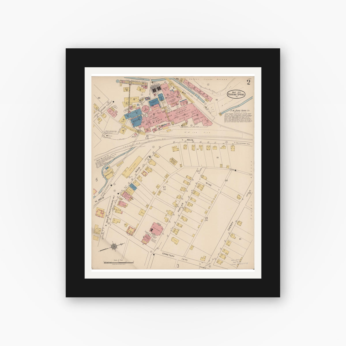 Old map wall art mockup — black gallery frame with white mat — Sanborn Fire Insurance Map from Roaring Spring, Blair County, Pennsylvania (1922), Sheet #0002