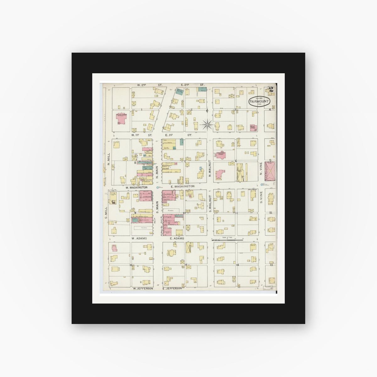 Old map wall art mockup — black gallery frame with white mat — Sanborn Fire Insurance Map from Fairmount, Grant County, Indiana (1893), Sheet #0002