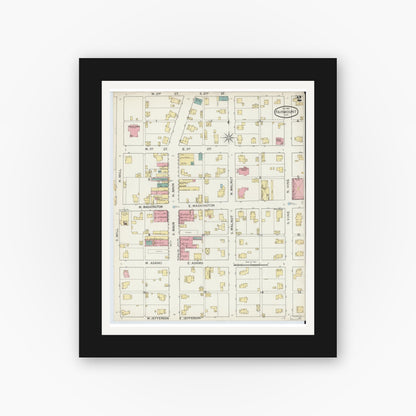 Old map wall art mockup — black gallery frame with white mat — Sanborn Fire Insurance Map from Fairmount, Grant County, Indiana (1893), Sheet #0002