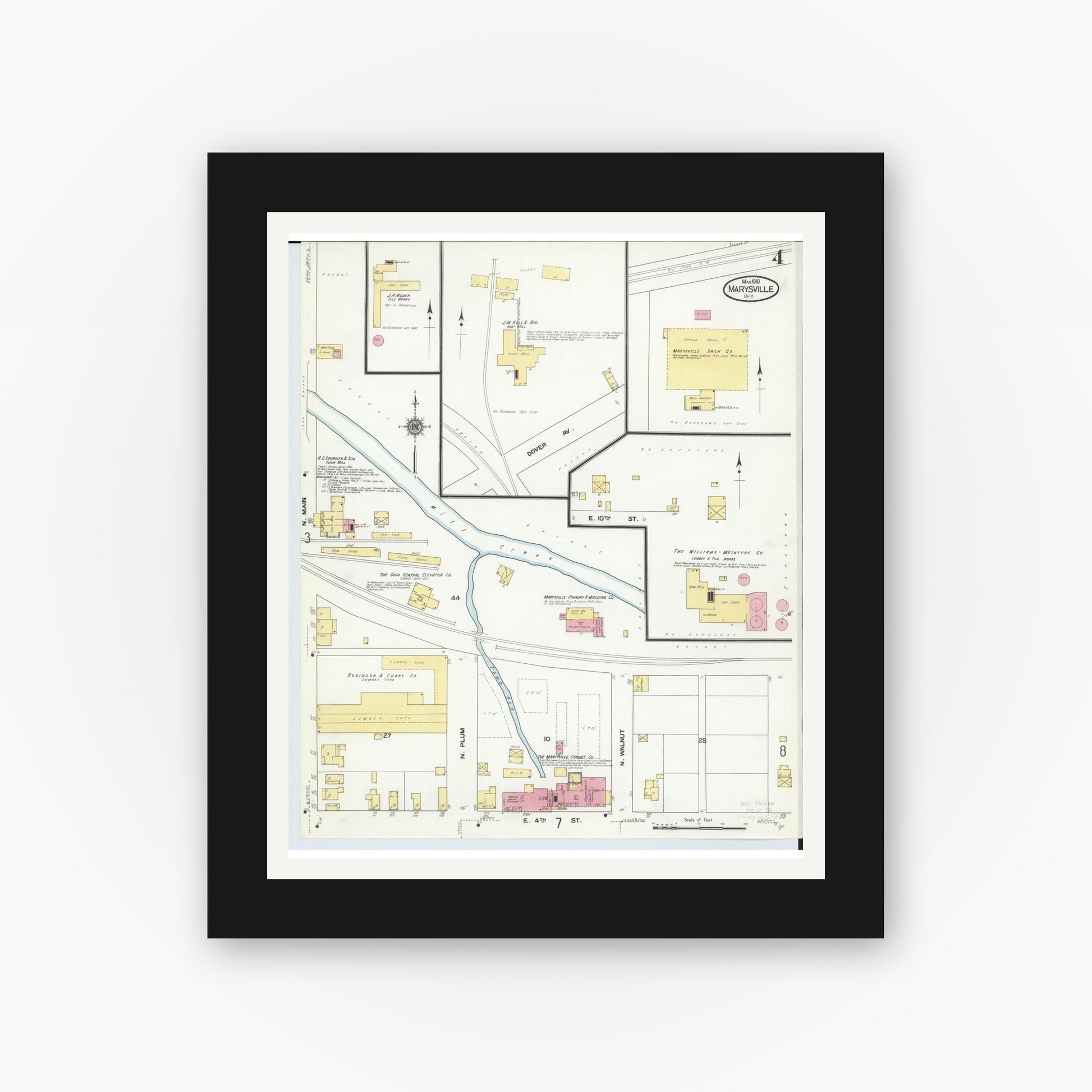 Old map wall art mockup — black gallery frame with white mat — Sanborn Fire Insurance Map from Marysville, Union County, Ohio (1910), Sheet #0004