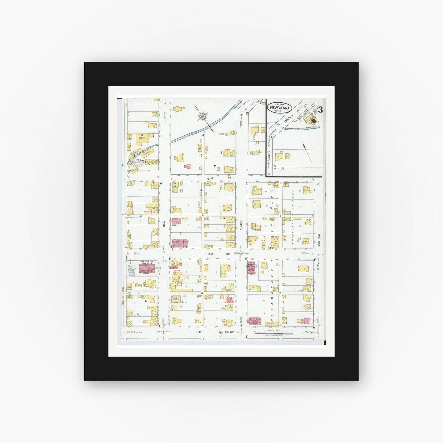 Old map wall art mockup — black gallery frame with white mat — Sanborn Fire Insurance Map from New Vienna, Clinton County, Ohio (1919), Sheet #0003