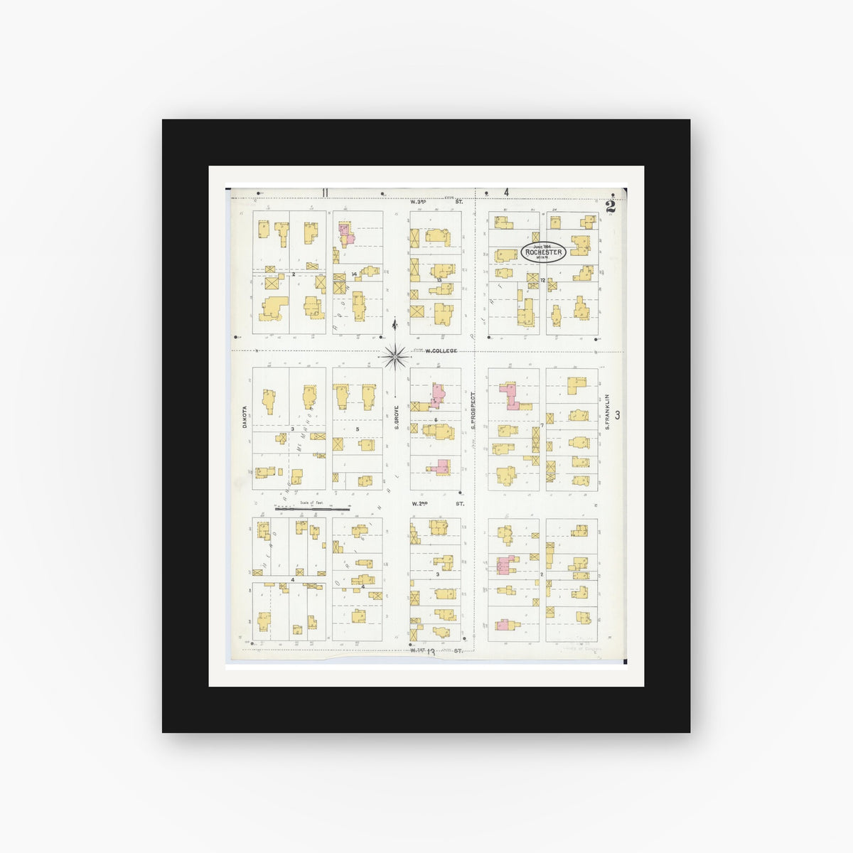 Old map wall art mockup — black gallery frame with white mat — Sanborn Fire Insurance Map from Rochester, Olmsted County, Minnesota (1904), Sheet #0002