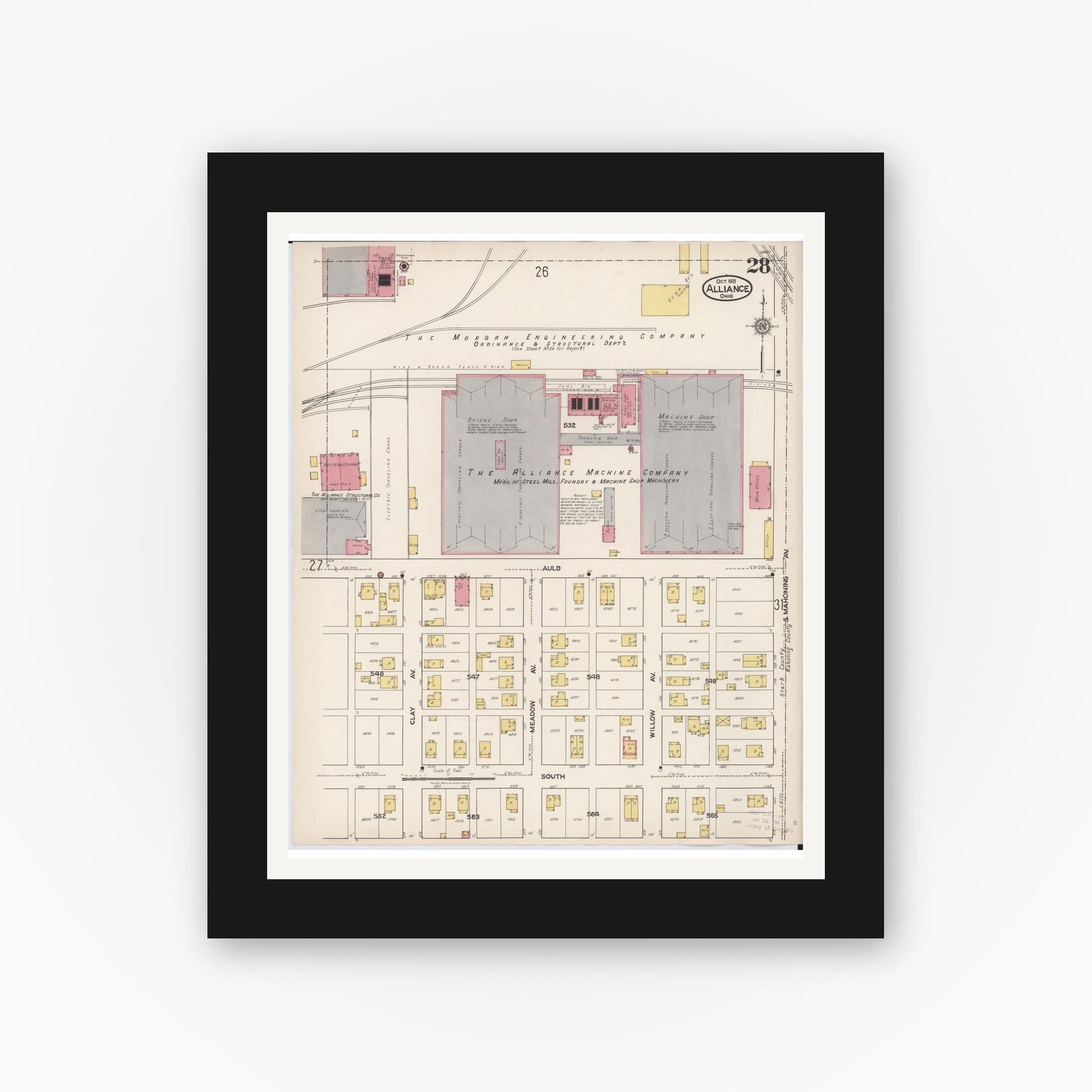 Old map wall art mockup — black gallery frame with white mat — Sanborn Fire Insurance Map from Alliance, Stark County, Ohio (1921), Sheet #0028