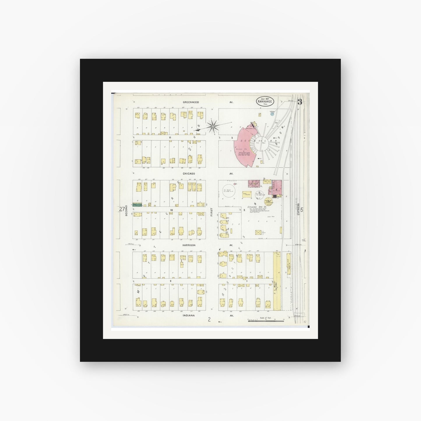 Old map wall art mockup — black gallery frame with white mat — Sanborn Fire Insurance Map from Kankakee, Kankakee County, Illinois (1907), Sheet #0003