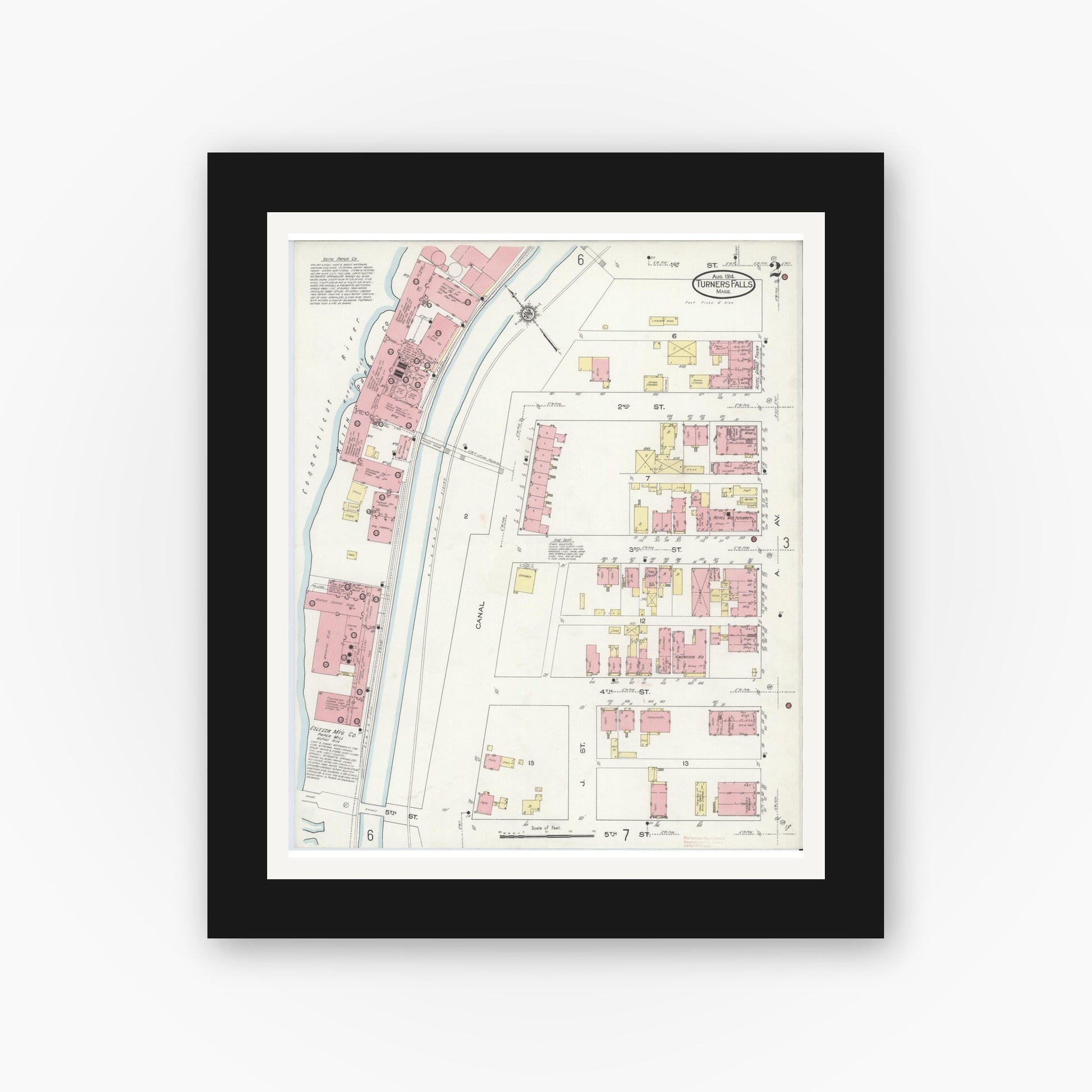 Old map wall art mockup — black gallery frame with white mat — Sanborn Fire Insurance Map from Turners Falls, Franklin County, Massachusetts (1914), Sheet #0002
