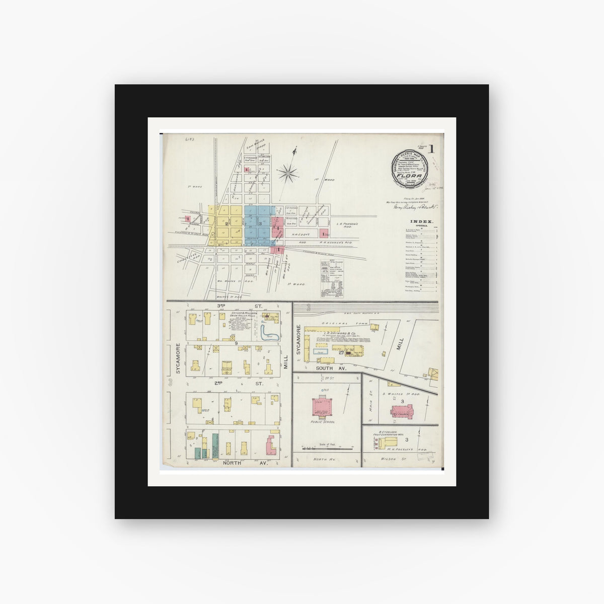 Old map wall art mockup — black gallery frame with white mat — Sanborn Fire Insurance Map from Flora, Clay County, Illinois (1894) - Complete Map Set