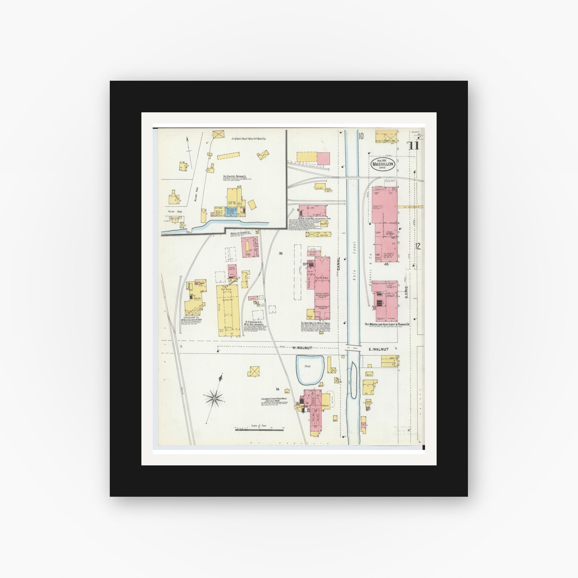 Old map wall art mockup — black gallery frame with white mat — Sanborn Fire Insurance Map from Massillon, Stark County, Ohio (1901), Sheet #0011