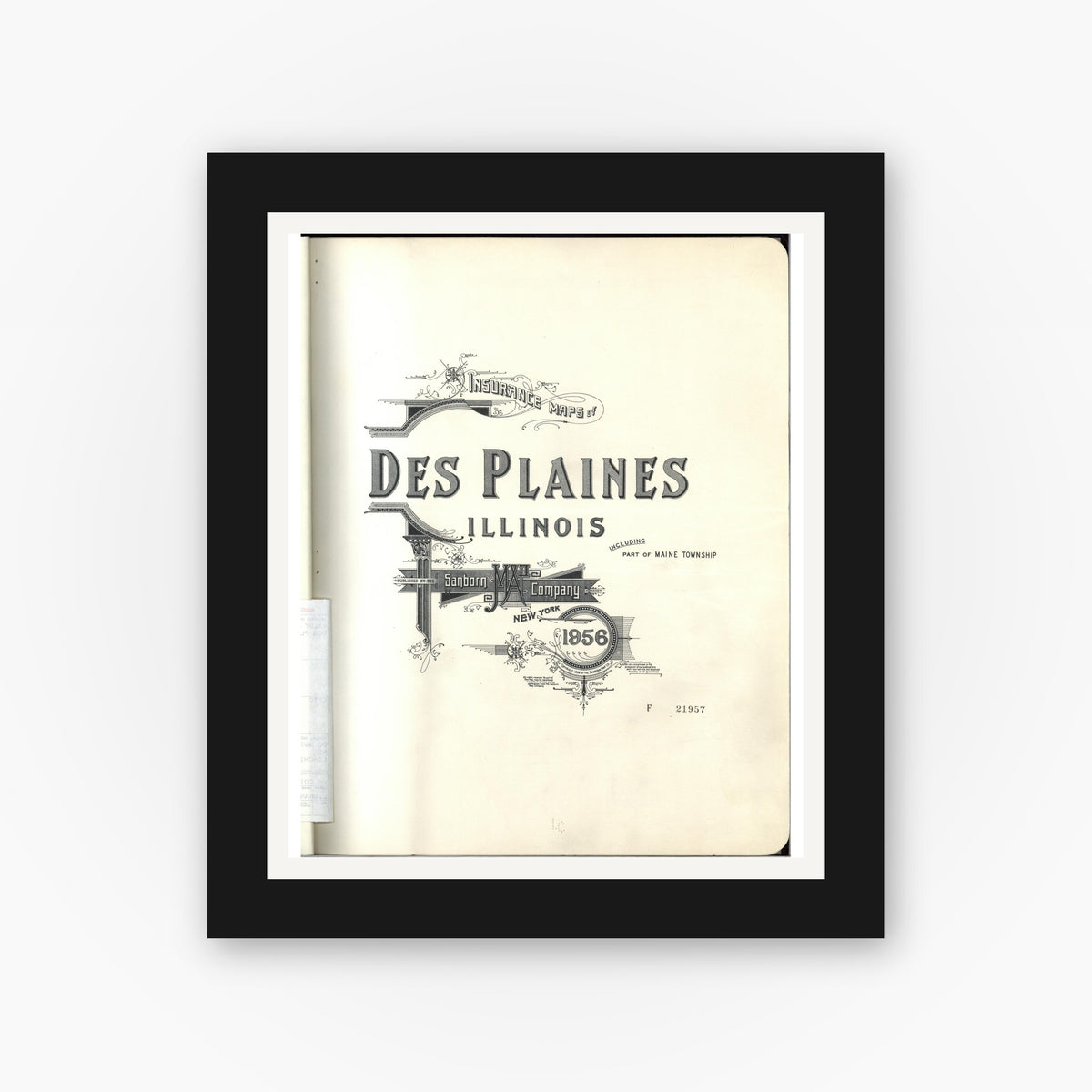 Old map wall art mockup — black gallery frame with white mat — Sanborn Fire Insurance Map from Des Plaines, Cook County, Illinois (1956), Sheet #0001