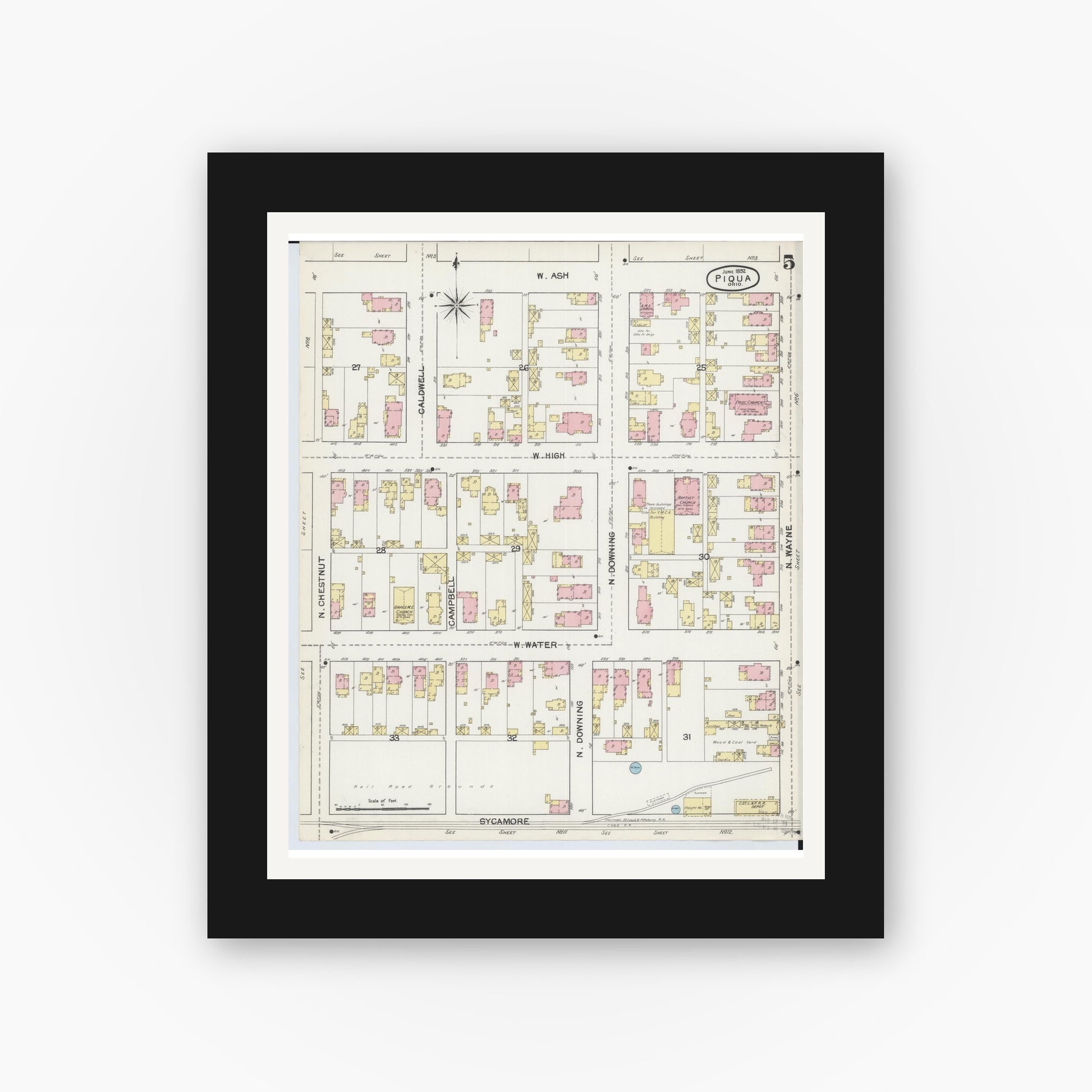 Old map wall art mockup — black gallery frame with white mat — Sanborn Fire Insurance Map from Piqua, Miami County, Ohio (1892), Sheet #0005
