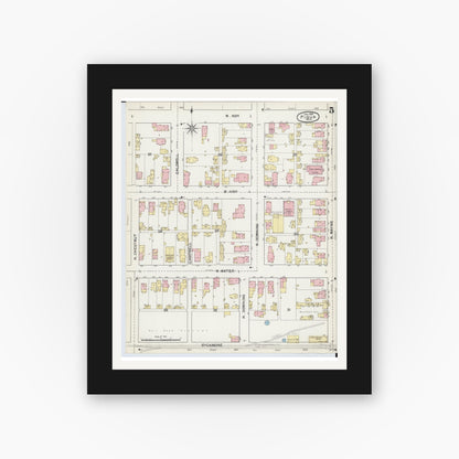 Old map wall art mockup — black gallery frame with white mat — Sanborn Fire Insurance Map from Piqua, Miami County, Ohio (1892), Sheet #0005