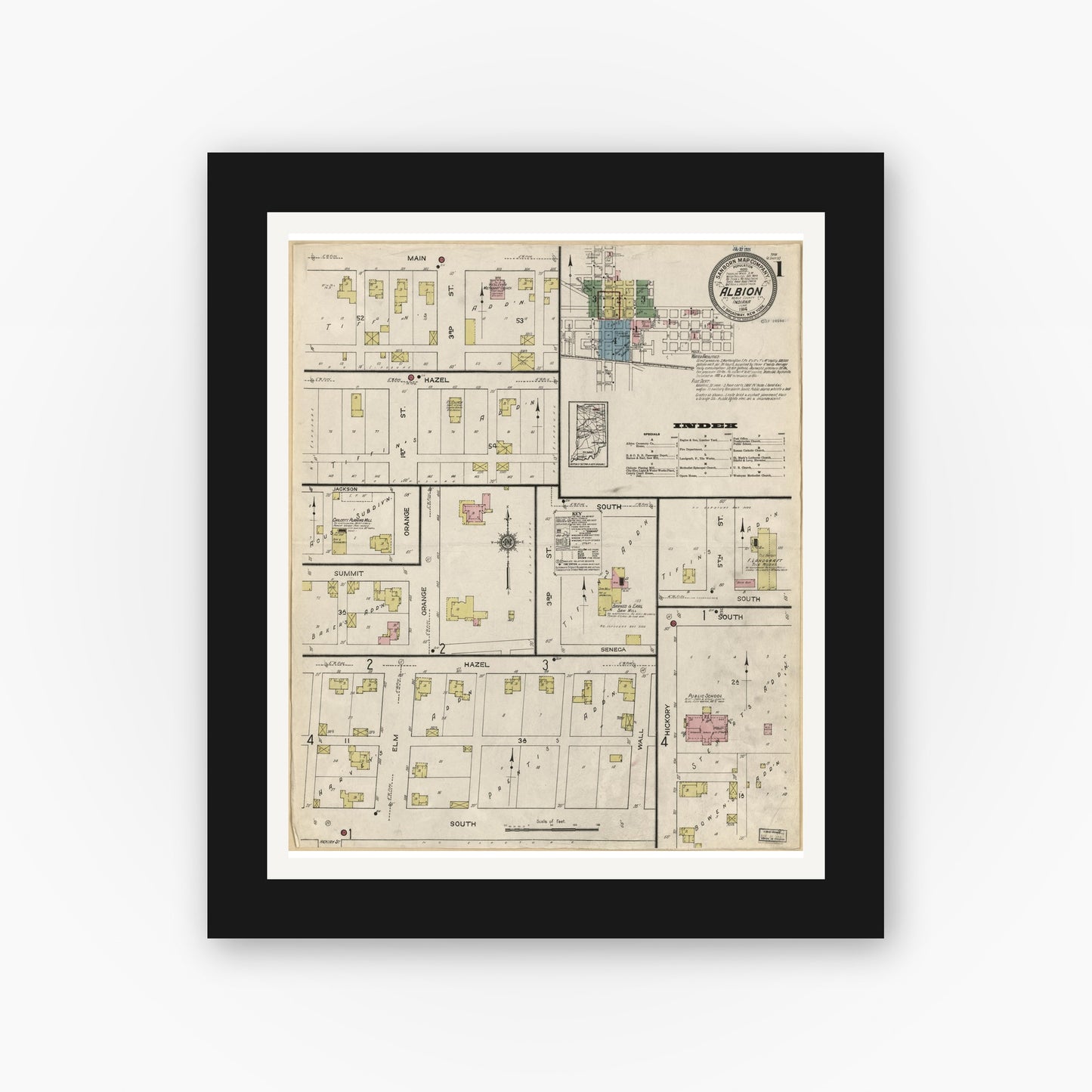 Old map wall art mockup — black gallery frame with white mat — Sanborn Fire Insurance Map from Albion, Noble County, Indiana (1914), Sheet #0001