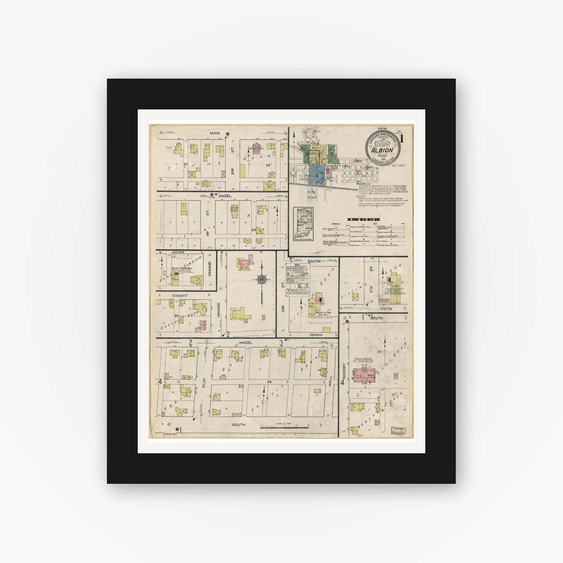 Old map wall art mockup — black gallery frame with white mat — Sanborn Fire Insurance Map from Albion, Noble County, Indiana (1914), Sheet #0001