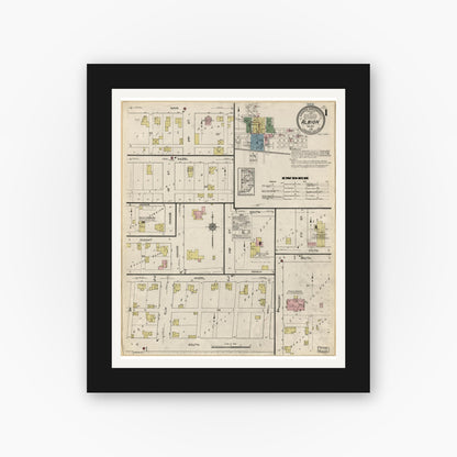 Old map wall art mockup — black gallery frame with white mat — Sanborn Fire Insurance Map from Albion, Noble County, Indiana (1914), Sheet #0001