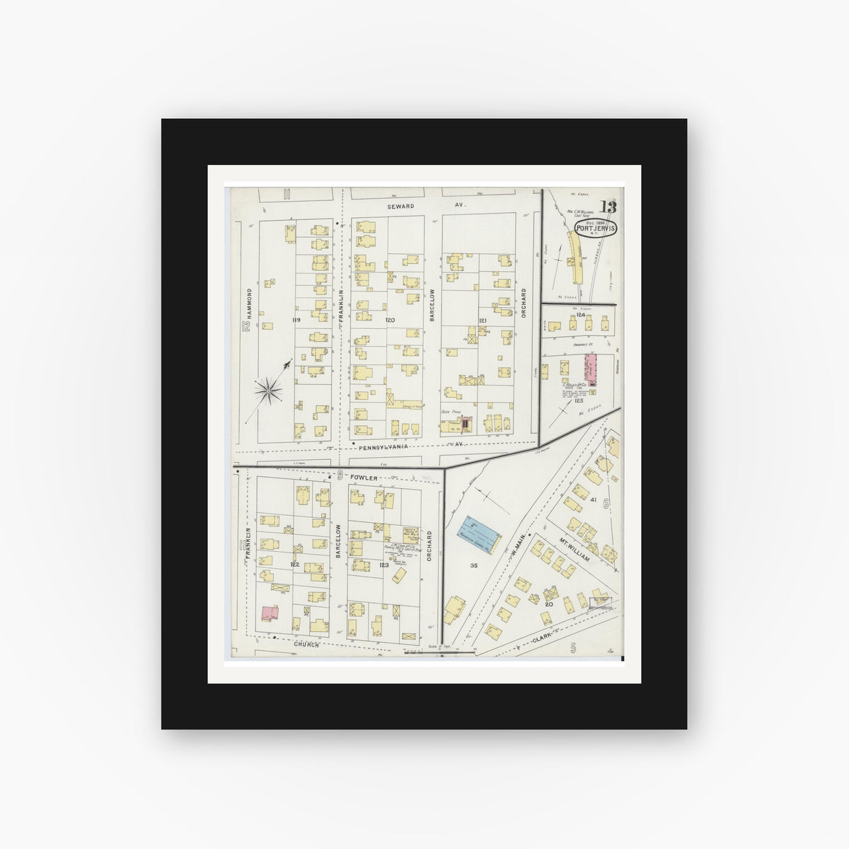 Old map wall art mockup — black gallery frame with white mat — Sanborn Fire Insurance Map from Port Jervis, Orange County, New York (1894), Sheet #0013