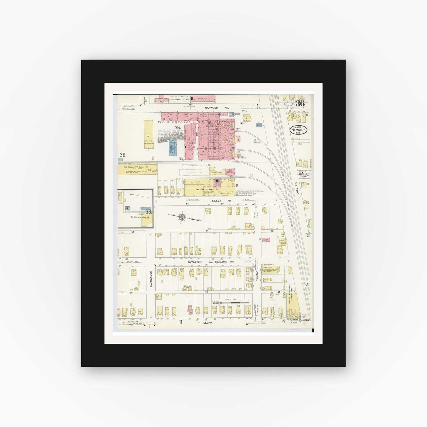 Old map wall art mockup — black gallery frame with white mat — Sanborn Fire Insurance Map from Newark, Licking County, Ohio (1912), Sheet #0036