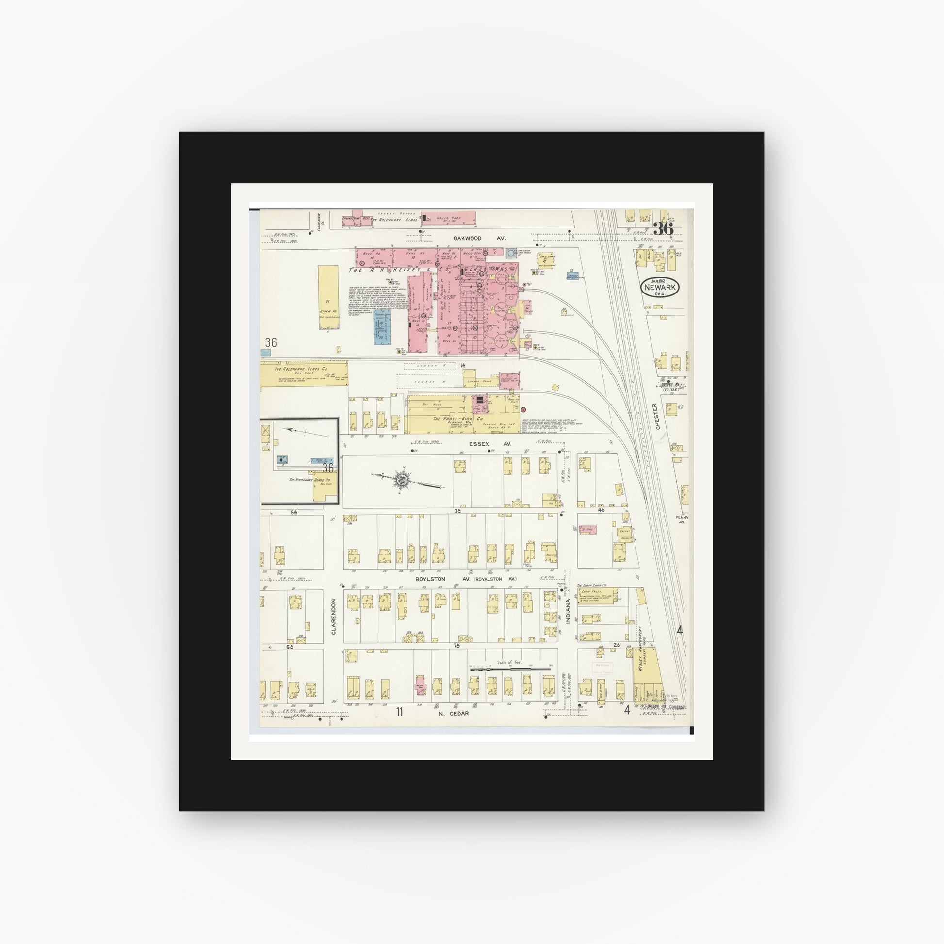 Old map wall art mockup — black gallery frame with white mat — Sanborn Fire Insurance Map from Newark, Licking County, Ohio (1912), Sheet #0036