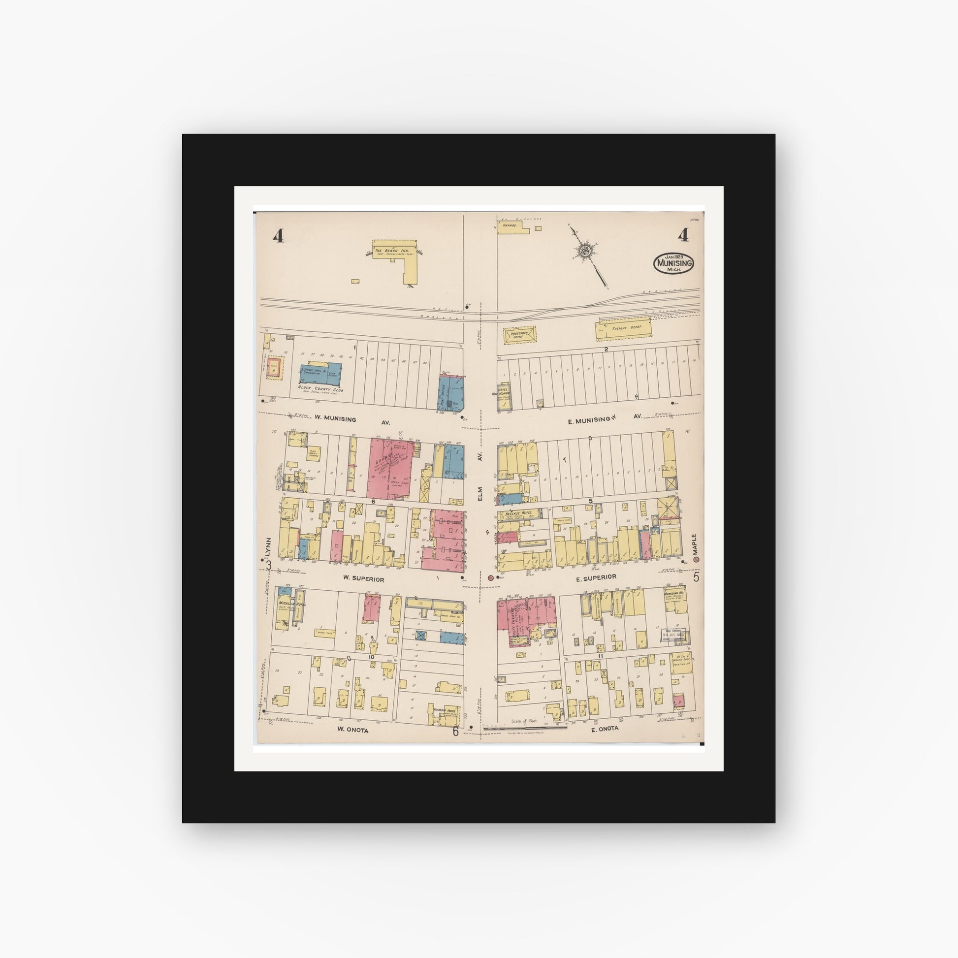Old map wall art mockup — black gallery frame with white mat — Sanborn Fire Insurance Map from Munising, Alger County, Michigan (1923), Sheet #0004