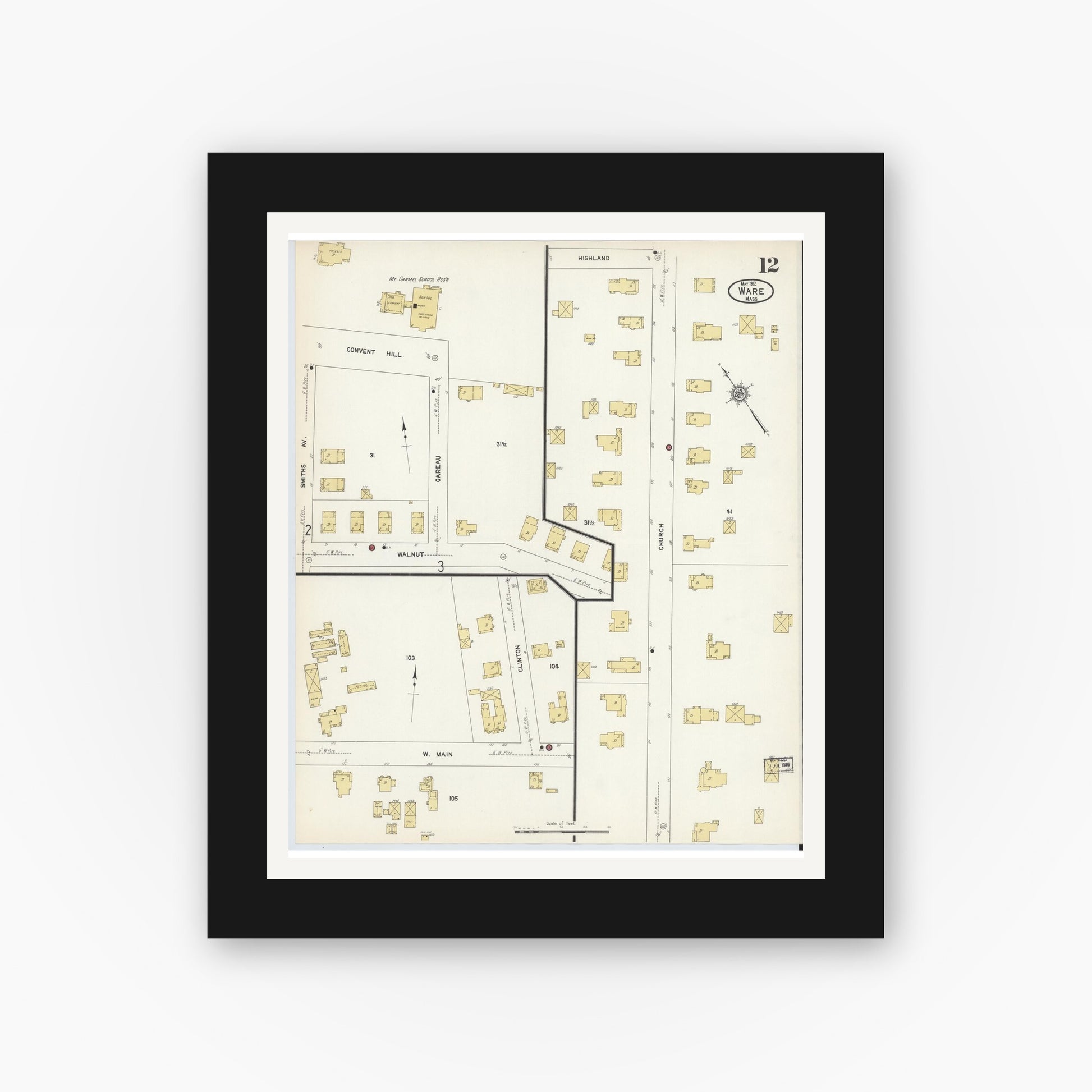 Old map wall art mockup — black gallery frame with white mat — Sanborn Fire Insurance Map from Ware, Hampshire County, Massachusetts (1912), Sheet #0012