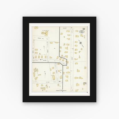 Old map wall art mockup — black gallery frame with white mat — Sanborn Fire Insurance Map from Ware, Hampshire County, Massachusetts (1912), Sheet #0012