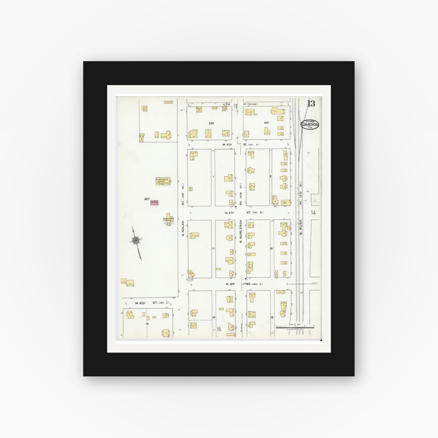 Old map wall art mockup — black gallery frame with white mat — Sanborn Fire Insurance Map from Cameron, Milam County, Texas (1920), Sheet #0013