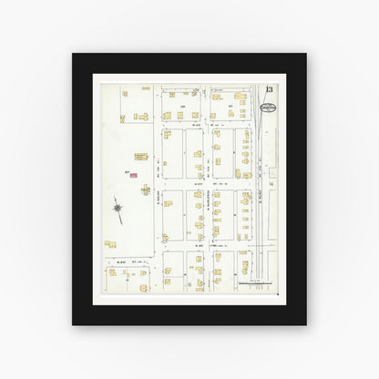 Old map wall art mockup — black gallery frame with white mat — Sanborn Fire Insurance Map from Cameron, Milam County, Texas (1920), Sheet #0013