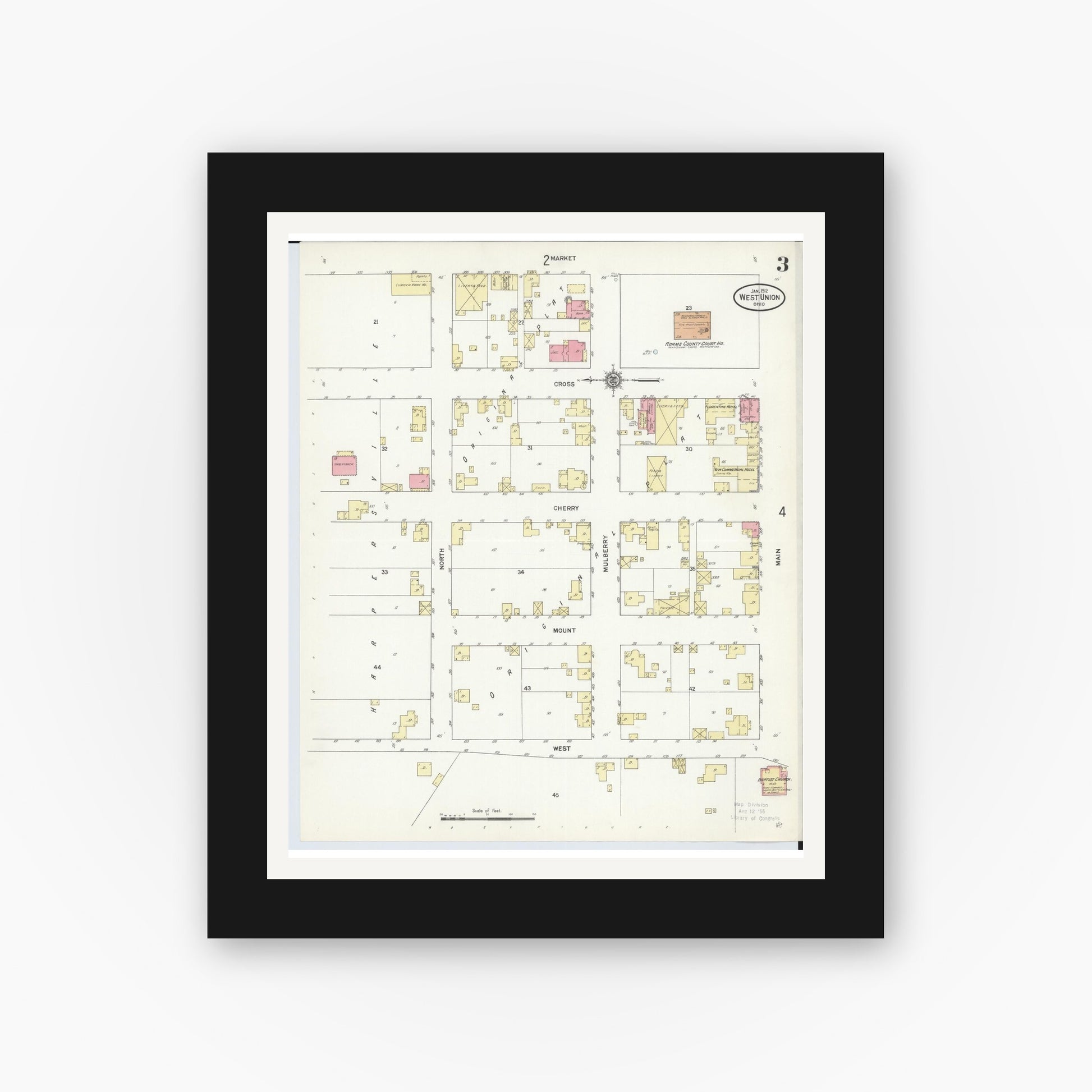Old map wall art mockup — black gallery frame with white mat — Sanborn Fire Insurance Map from West Union, Adams County, Ohio (1912), Sheet #0003
