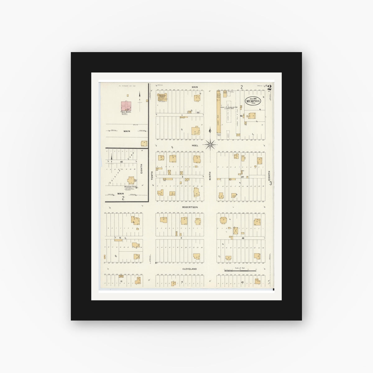 Old map wall art mockup — black gallery frame with white mat — Sanborn Fire Insurance Map from Memphis, Hall County, Texas (1908), Sheet #0002